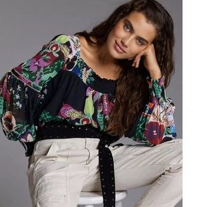 Anthropologie NWT Lil Sire Puff-Sleeve Blouse Sz XL. Black Floral.